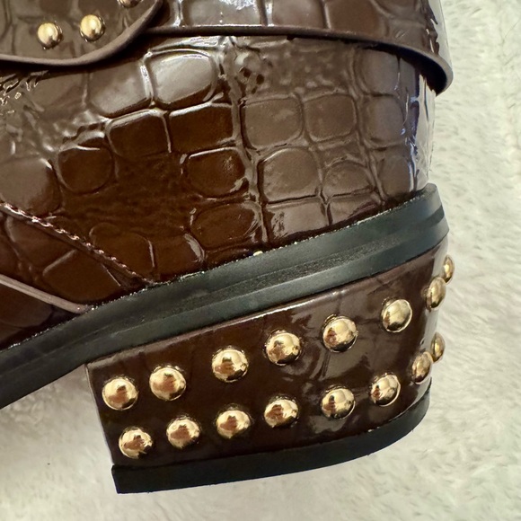 Brown Combat Moto Boots 9 with Gold Studded Detailing - Picture 6 of 6